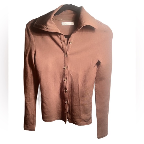 Oak + fort brown button up cardigan day 2 nite stretch long sleeve sweater XS - Picture 2 of 5